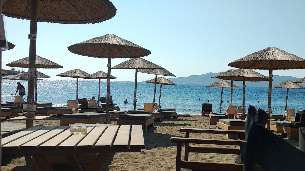 a sandy beach with umbrellas and chairs on it
