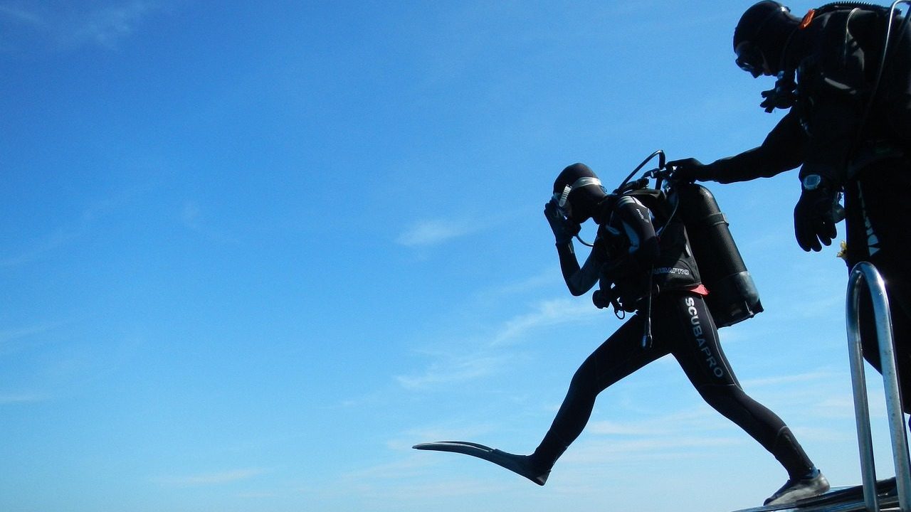 sub, diving, scuba, giant step, diver, nature, boat, sea