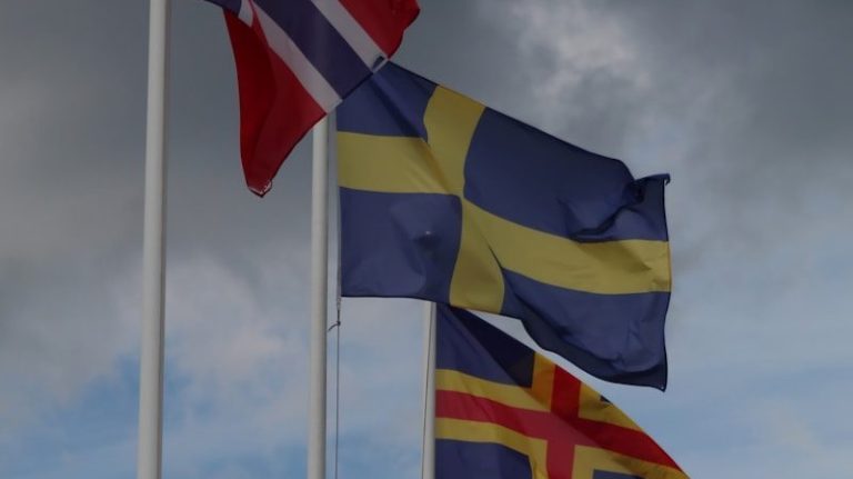 a group of flags on poles